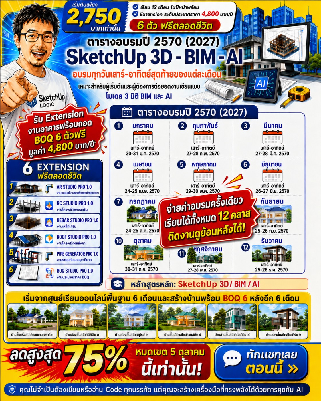 รายละเอียดโปรโมชั่นหลักสูตร SketchUp 3D BIM และ AI พร้อมตารางอบรม 12 คลาส